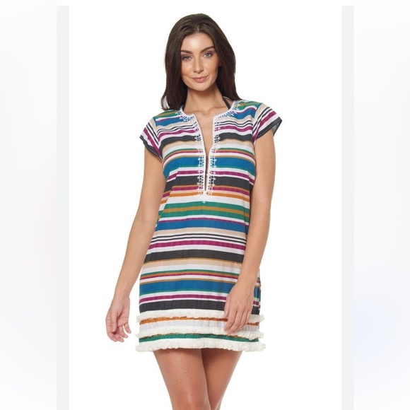 Bleu Rod Beattie Swimsuit Cover up Dress Striped Tiered Fringe Hem Embroidered S - Picture 1 of 11